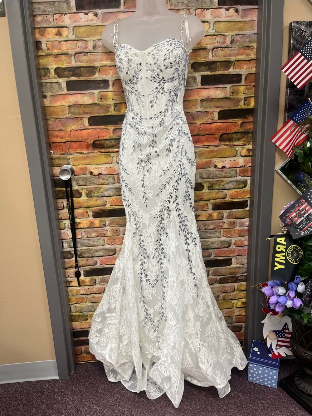 Portia and Scarlett White Lace Prom Gown with Silver Beading